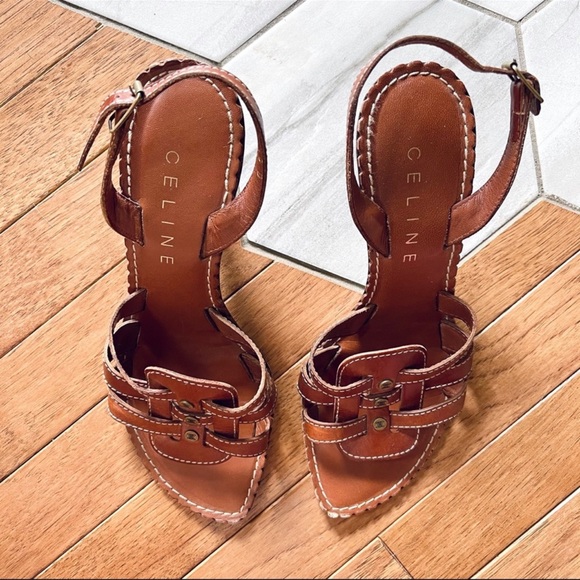 Celine Leather Woven Slingback Strappy Sandal Heels Size 40 B - Picture 4 of 16